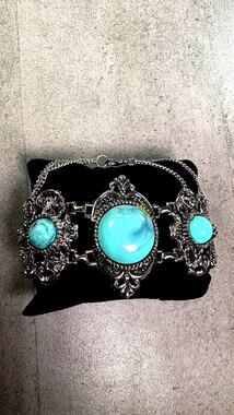 Vintage Renaissance Revival Bracelet Ornate Faux Turquoise Cabochon Bangle 9"